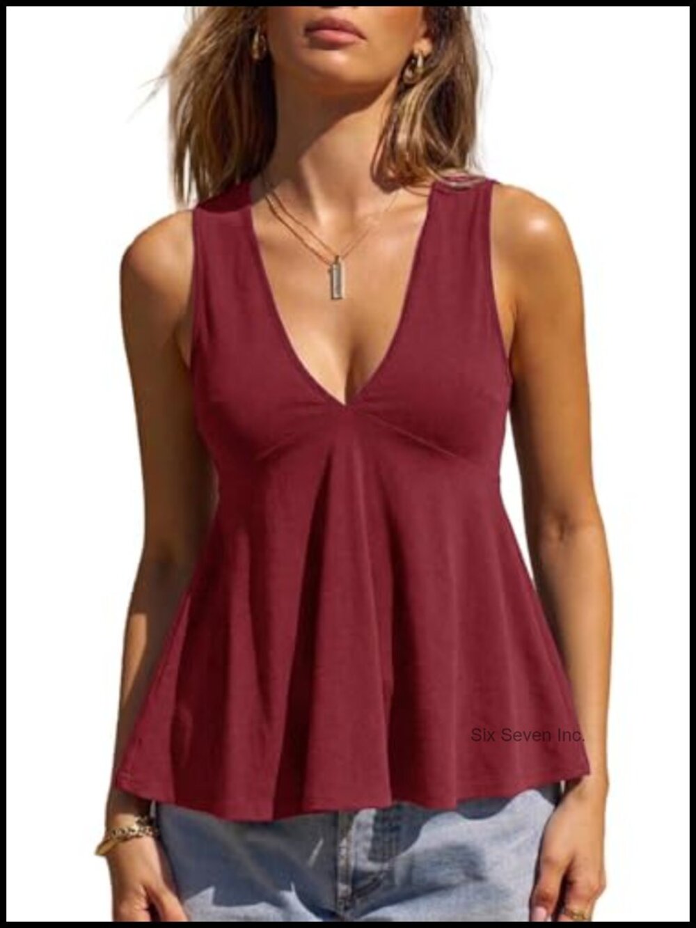 Womens Cotton Babydoll Peplum Tank Top V Neck Sleeveless Flowy Blouse